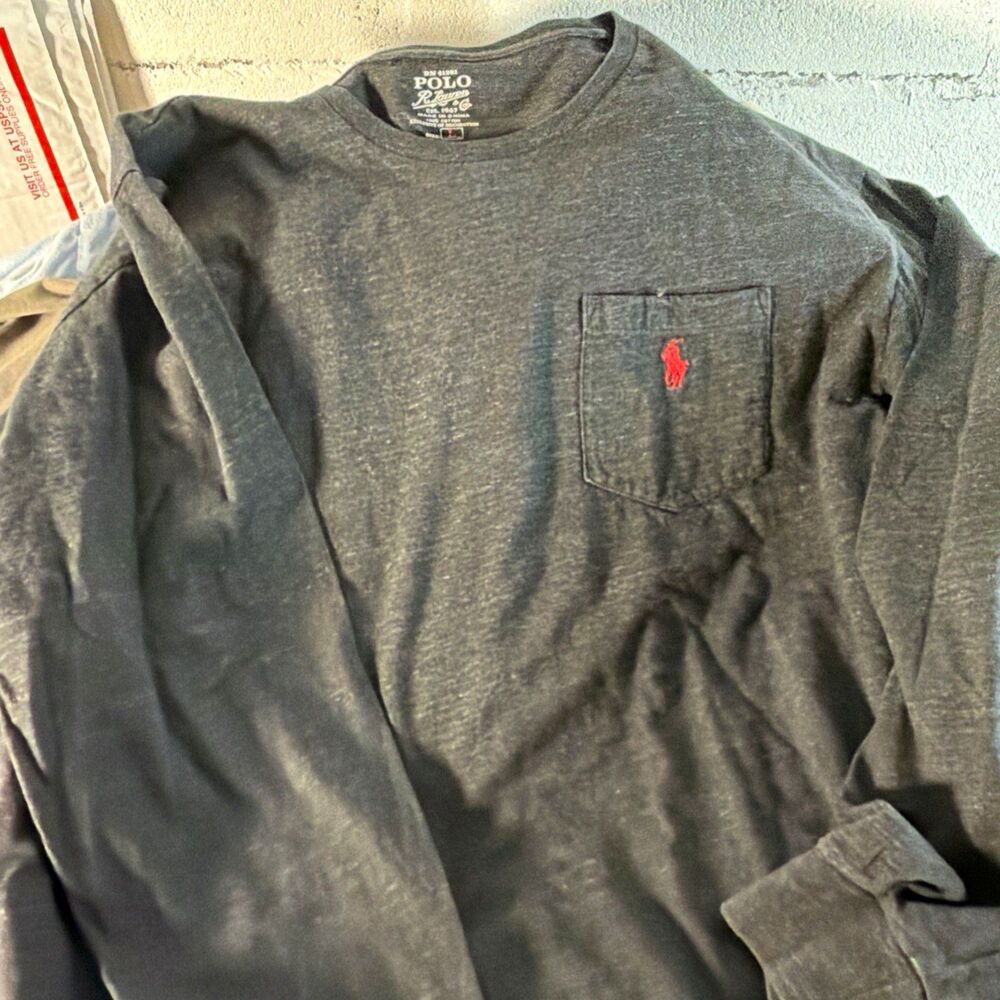 Polo Ralph Lauren Men's Gray Logo Pocket T-Shirt L Crew Neck Long Sleeve